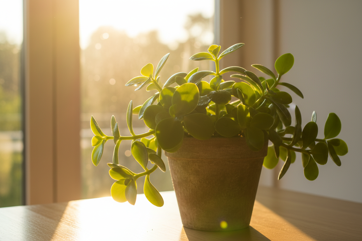 sunny, background with leaves from indoor potted plant